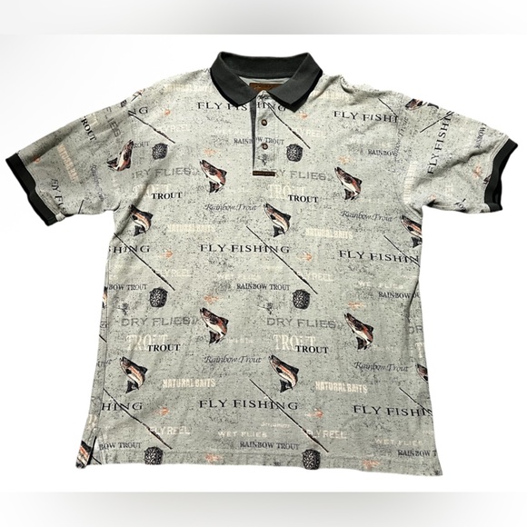 North River Green Fly Fishing Trout Polo Shirt Short Sleeve Camping Fish - Large - Picture 1 of 10